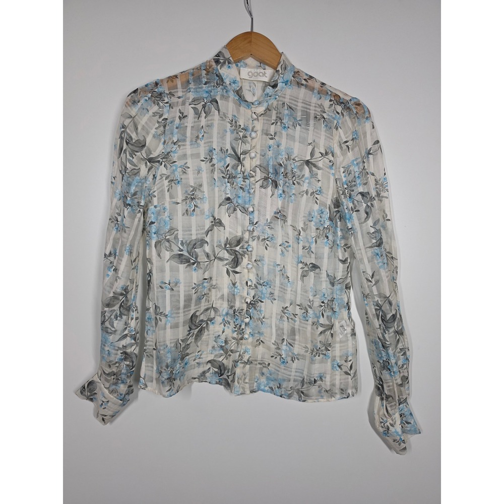 Goat London Floral High Neck Button Front Blouse Blue Cream Size 6 RN 145736